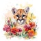 Captivating Baby Puma in a Colorful Flower Field for Art Prints and Greetings.