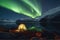 Captivating Camping Experience: Tent, Campfire, Fjord, Aurora Borealis in Early Spring. created with Generative AI