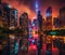 Captivating city skyline with illuminated skyscrapers reflected in calm waters