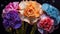 A captivating close-up of a bouquet of multicolored carnations, their petals graced with dew drops