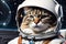A captivating close-up of a cat in space donning an astronaut suit