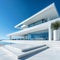 Captivating close up of luxurious white villa showcasing architectural beauty against clear blue sky