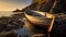 Captivating Coastal Landscapes: A Stunning Wooden Boat At Sunset