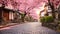 A captivating cobblestone street, showcasing a beautiful row of cherry blossom trees, A whimsical cobblestone street lined with