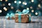 Captivating contrast: Christmas gift box amidst turquoise bokeh, a visual celebration.
