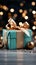 Captivating contrast: Christmas gift box amidst turquoise bokeh, a visual celebration.