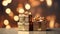 Captivating festive scene with three shimmering gold gift boxes against a stunning gold gradient background, creating an