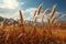 A captivating field of golden grain landscape, showcasing golden fields of wheat swaying in the breeze under the warm sun.