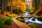 A captivating forest scene featuring a wooden footbridge over a crystal-clear creek, surrounded by vibrant fall colors in all