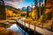 A captivating forest scene featuring a wooden footbridge over a crystal-clear creek, surrounded by vibrant fall colors in all