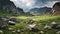 Captivating French Landscape: Meadow With Sharp Boulders And Rocks