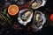 Captivating gourmet dining scene close up of fresh oysters on plate in elegant restaurant ambiance