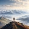 This captivating image captures a lone hiker at the summit of a majestic mountain. Dressed for adventure with a backpack, the