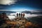 A captivating image of a group of individuals against the backdrop of majestic mountains and a sky adorned with clouds