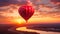 A captivating image of a hot air balloon gracefully flying over a serene river at sunset, A heart-shaped hot air balloon during a