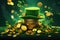 A captivating image showing a heap of golden coins alongside a vibrant green hat, symbolizing wealth and good fortune., Saint
