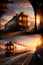 Captivating Images of Motorized Trains Gliding along the Rails in the Splendor of a Sunset and Cloudy Sky. AI generated