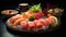 Captivating Japanese dish with fresh fish, seafood, and rice on black backdrop.