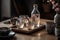 A captivating, Japanese-inspired sake presentation, with a traditional sake set, including a ceramic flask and small cups,