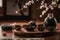 A captivating, Japanese-inspired sake presentation, with a traditional sake set, including a ceramic flask and small cups,