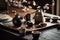 A captivating, Japanese-inspired sake presentation, with a traditional sake set, including a ceramic flask and small cups,