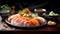 Captivating Japanese sushi plate with fresh, delicious seafood on a dark background