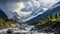 Captivating Landscape: Glacier River Waterfall In A Misty Valley