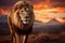 Captivating lion portrait amidst the savanna, Mount Kilimanjaro\\\'s sunset canvas