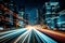 Captivating long exposure of lights streaking on a bustling highway under enchanting night sky