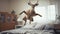 Captivating Moment: Deer Leaping Onto Bed Sheets In Photorealistic Stereotype Photography