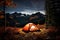 Captivating moonlit mountains serene tourist camp with cozy tent and mesmerizing starry sky