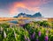 Captivating morning scene of Stokksnes cape with Vestrahorn Batman Mountain on background. Amazing summer sunrise view of Icelan