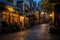 A captivating night scene of a cobblestone street washed in the warm glow of streetlights, Quaint cobblestone street in a historic