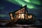Captivating Northern lights sky wooden house glow. Generate Ai