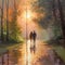 Captivating oil painting depicting a couple deeply in love, strolling hand in hand amidst a grove of tall, majestic