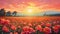 Captivating Orange Flower Field At Sunset: A Dream-like Oil Painting