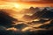 A captivating painting depicting a breathtaking sunset casting a warm glow over, A misty mountain range with the sunrise