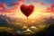 A captivating painting featuring a heart-shaped balloon gracefully ascending against a serene sky, A heart balloon ride over a