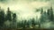 A captivating painting of a foggy forest with tall pine trees, creating a serene and mysterious atmosphere., Misty landscape with