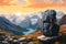 A captivating painting showcasing a backpack placed on top of a magnificent and lofty mountain., mountain view background and back