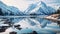 A captivating painting showcasing a snowy mountain range with a serene lake in the foreground, An Alaskan landscape with snow-