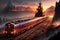 Captivating Panorama of a Red Motorized Train on the Rails, Amidst the Splendid Mountains and Sunset. AI generated