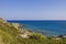 Captivating panoramic view of mountainous Mediterranean coast on picturesque island of Rhodes