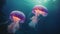 This captivating photo captures a couple of jellyfish as they gracefully float in the vast ocean, Two jellyfish swimming in the