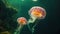 This captivating photo showcases a couple of jellyfish gracefully swimming amidst the vast expanse of the ocean, Two jellyfish