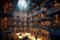 A captivating photo showcasing a multitude of books neatly arranged throughout a grand library space, The inside of a colossal