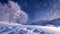 A captivating photo of a snowy landscape featuring trees covered in snow and a sky filled with stars, The soft illumination of a