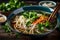 A captivating photograph of a bowl of piping pho, featuring thin rice noodles, aromatic broth, and an array of fresh herbs