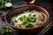 A captivating photograph of a bowl of piping pho, featuring thin rice noodles, aromatic broth, and an array of fresh herbs