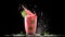 Captivating pink drink splashing out of a glass with lime and mint, against a dark backdrop, symbolizing zest and